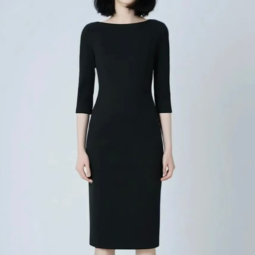 GIRDEAR/哥弟1500284 新款时尚气质黑色修身显瘦极简风长袖连衣裙