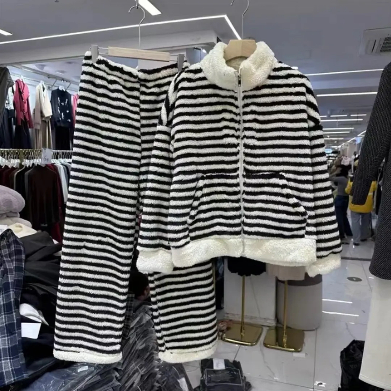 【原版1200g】冬季新款外穿时尚条纹加绒加厚天鹅绒睡衣家居服套装