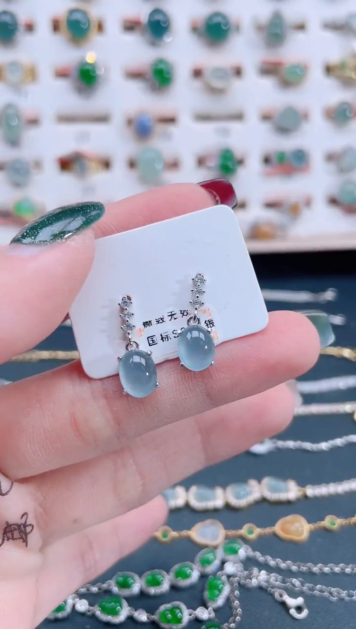 银S925镶嵌翡翠耳饰天然翡翠