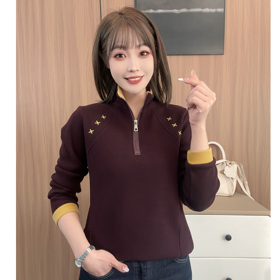 1118冬季新款百搭气质显瘦拼色打底衫