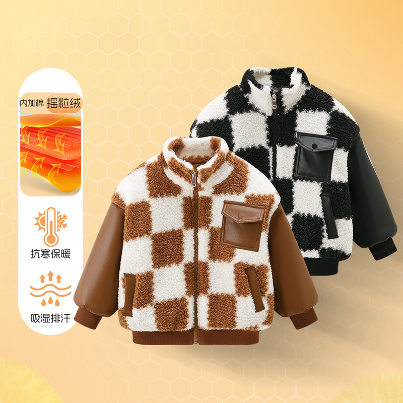 【DZ】【亏米清】中大童加绒保暖外套新款儿童棋盘格加厚毛毛衣MZE002
