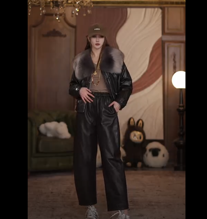 HERDERS 黑色牛皮油蜡女士皮裤 257870