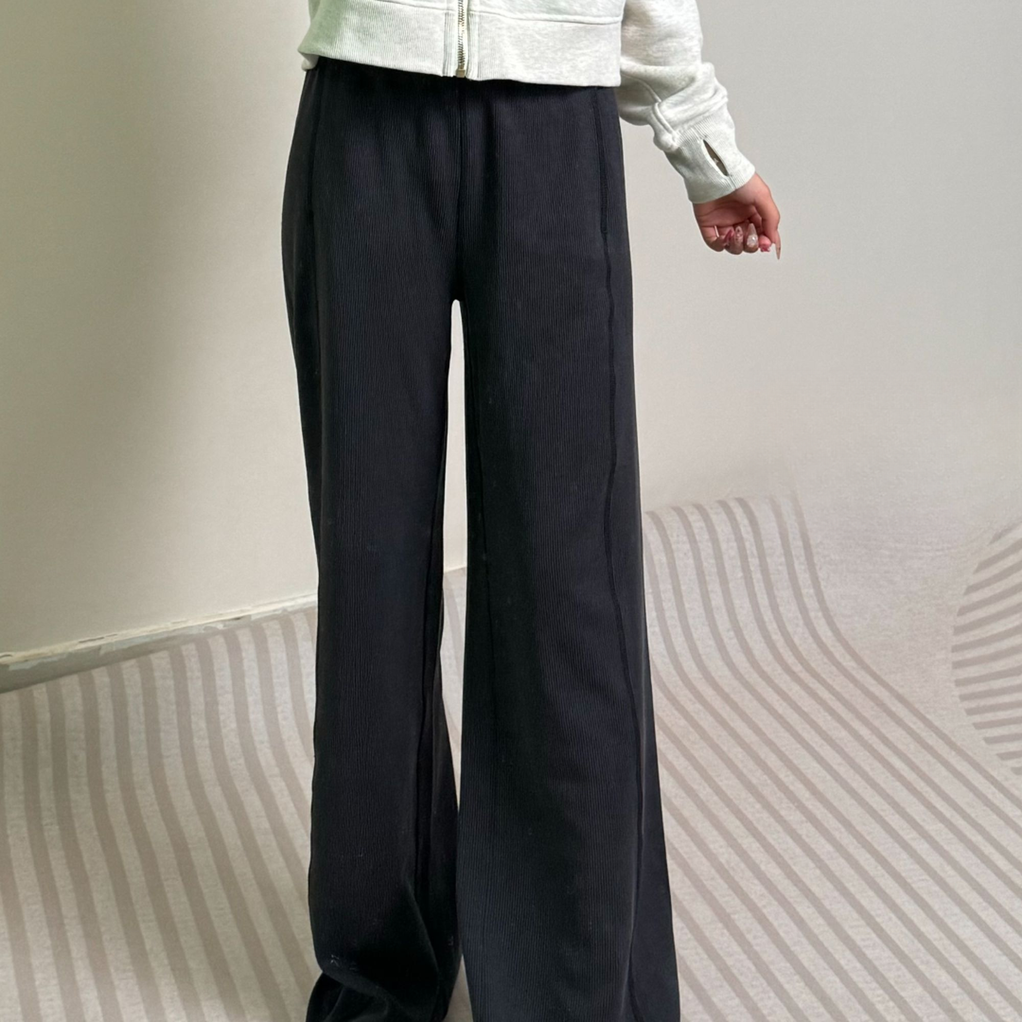 螺纹阔腿裤休闲直筒长裤时尚女裤一毛毛一样样-E-pm