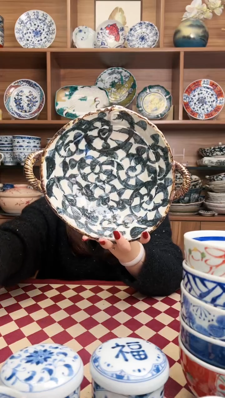 【闪购商品】瓷片章鱼唐草  中号锅型盘