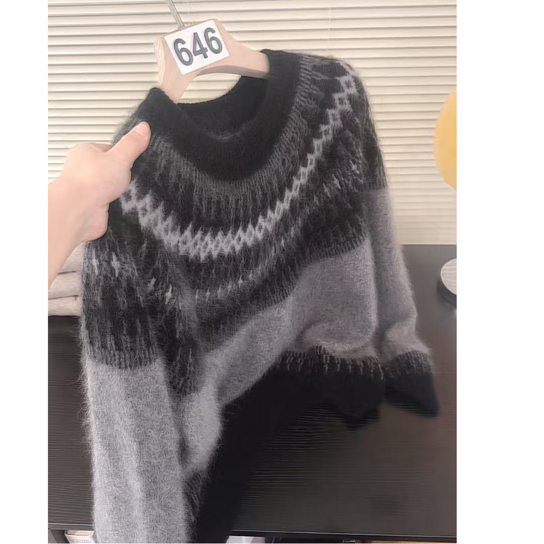 拉毛全羊毛加厚款针织圆领羊毛衫时尚宽松提花女装