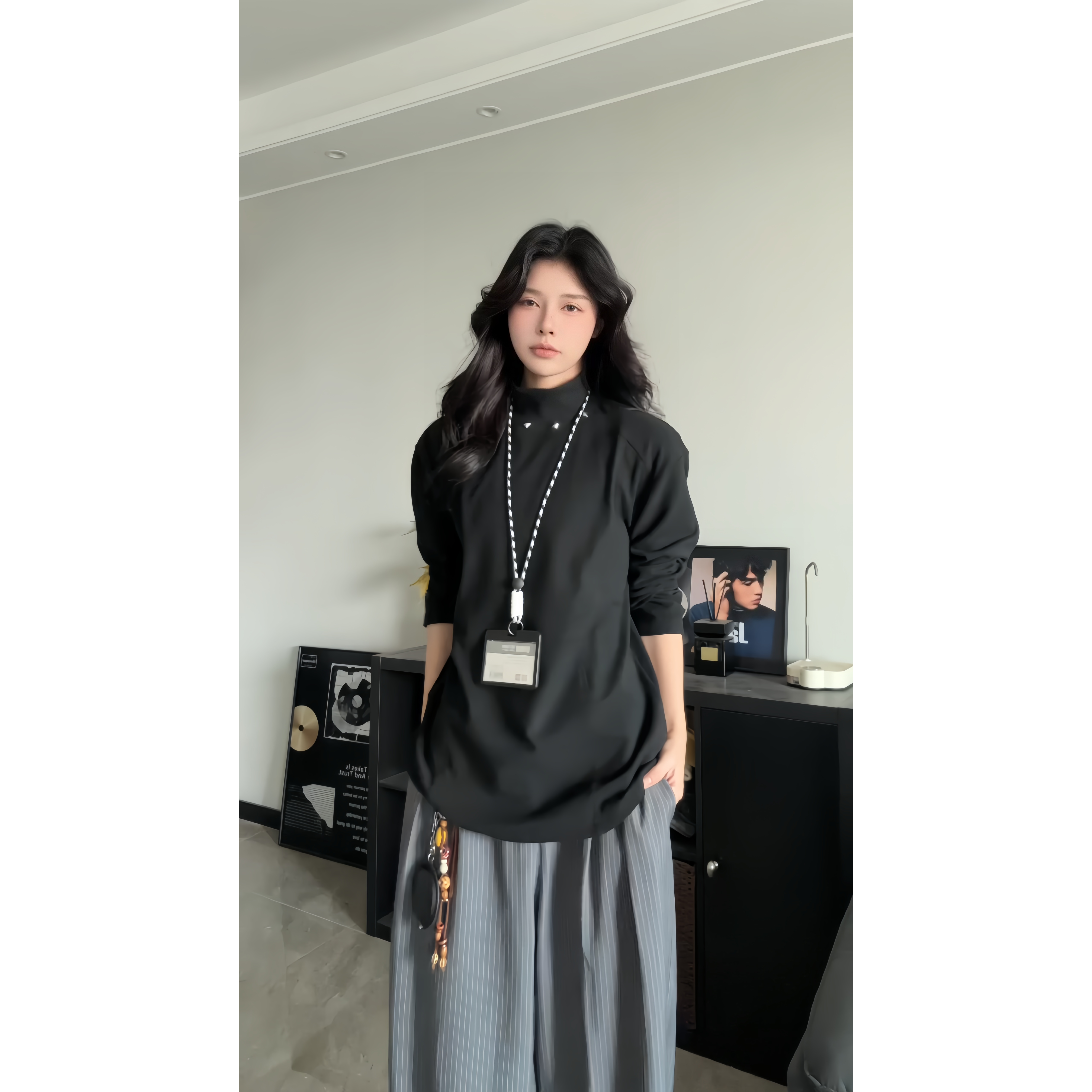 半高领内搭金属铆钉德绒打底衫男士秋冬潮流休闲百搭解构拼接上衣