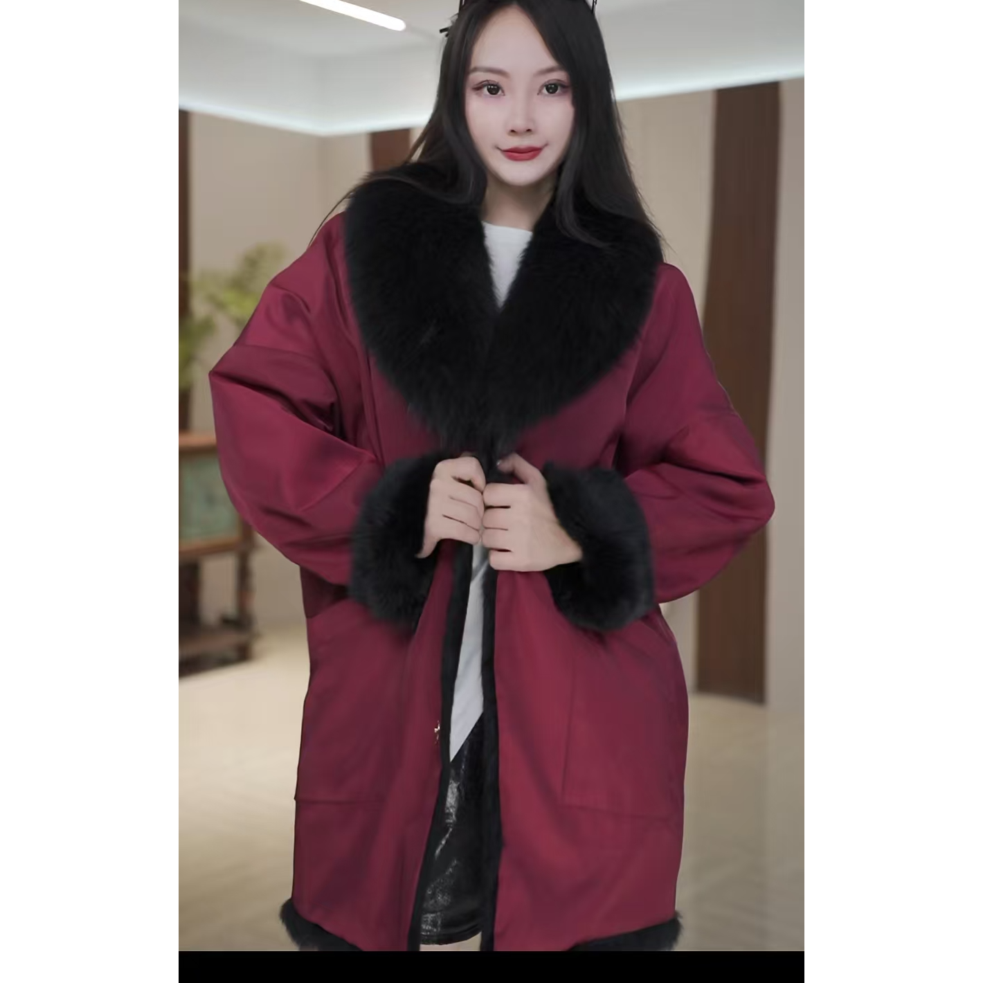 新款时尚百搭貉子毛领兔毛女款短外套6523