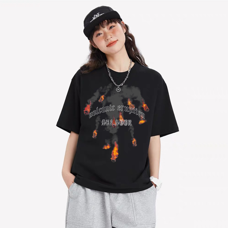 STA SOOR国潮夏季情侣宽松上衣火焰印花圆领短袖T恤男女生百搭
