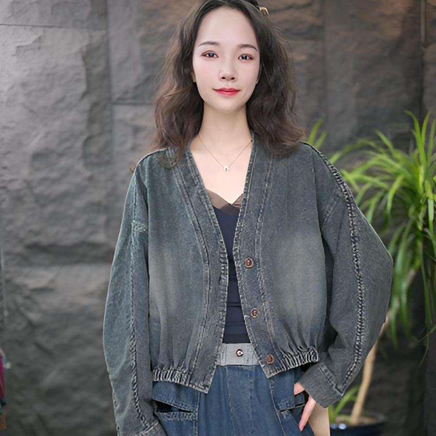 JJ常规款女提花翻领短款长袖短外套牛仔女装拼接气质百搭复古