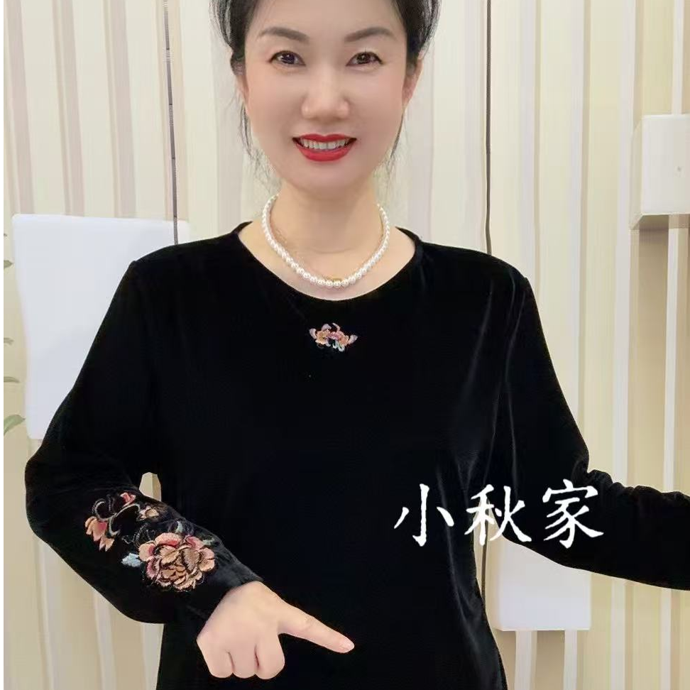 【HS】 刺绣牡丹花丝绒小衫妈妈装上衣