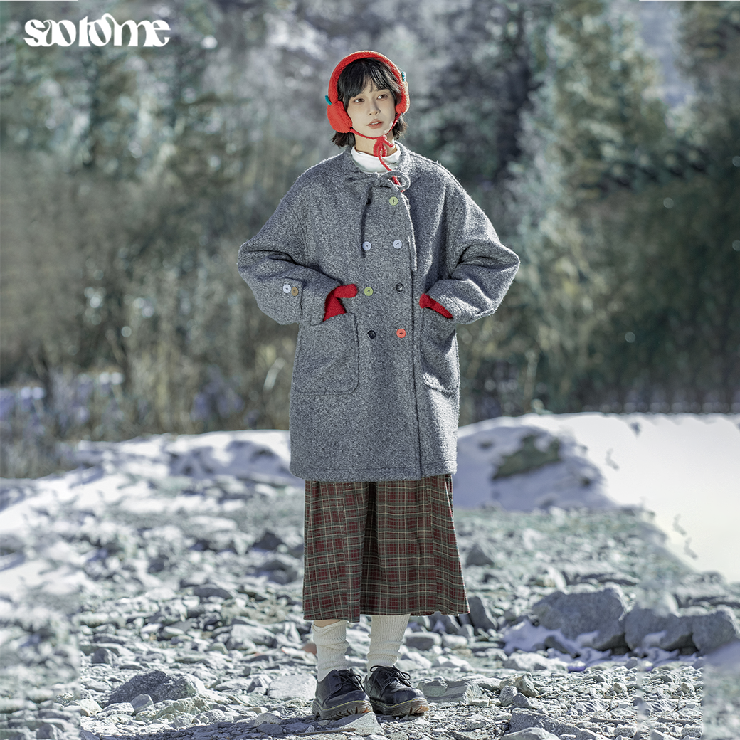 早乙女惠子saotome 日系复古绑带彩色双排纽扣毛呢大衣秋冬4425