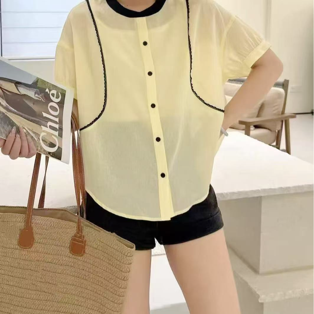C387浅黄撞色时尚小衫短袖衬衫2536