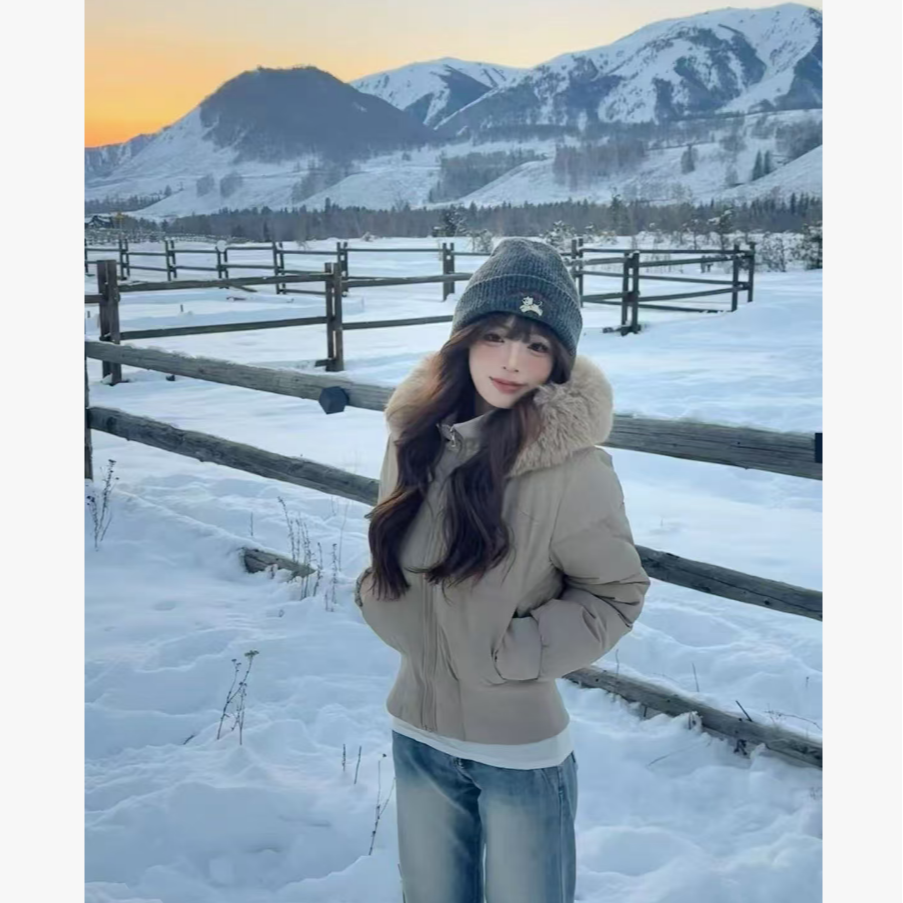 【内里加绒版】大毛领短款棉服女2025冬季新款连帽收腰显瘦棉衣外套