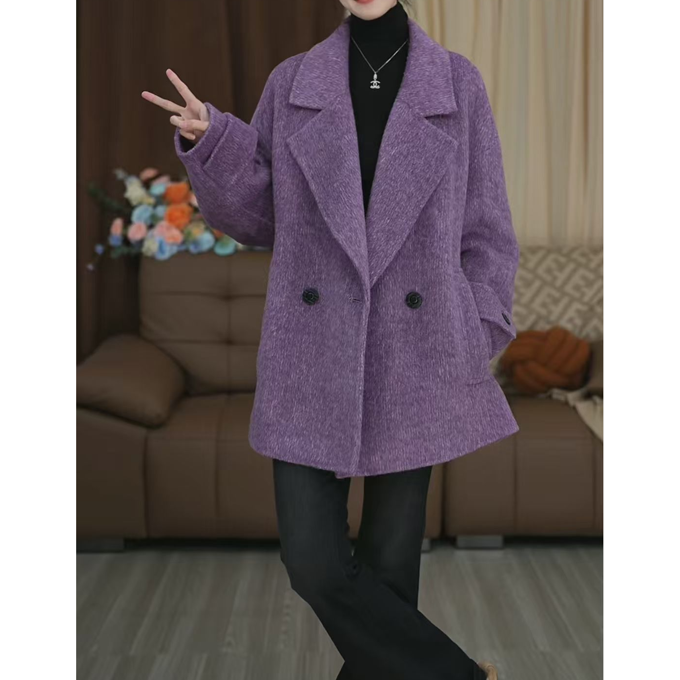 秋冬冬季女女士宽松西装领毛呢外套中长款呢大衣
