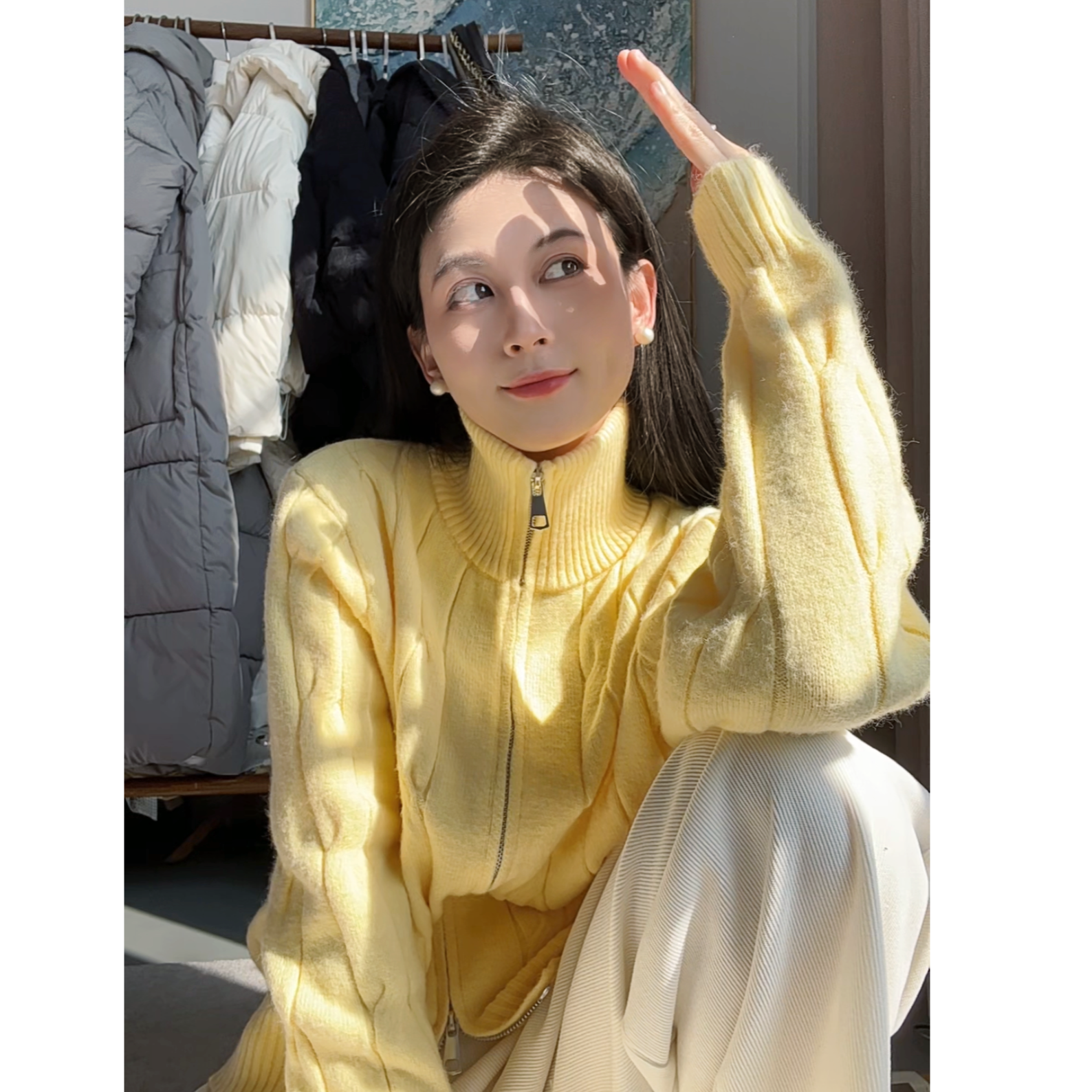 高领双拉链毛衣外套女2025新款秋冬宽松设计感洋气长袖针织衫上衣