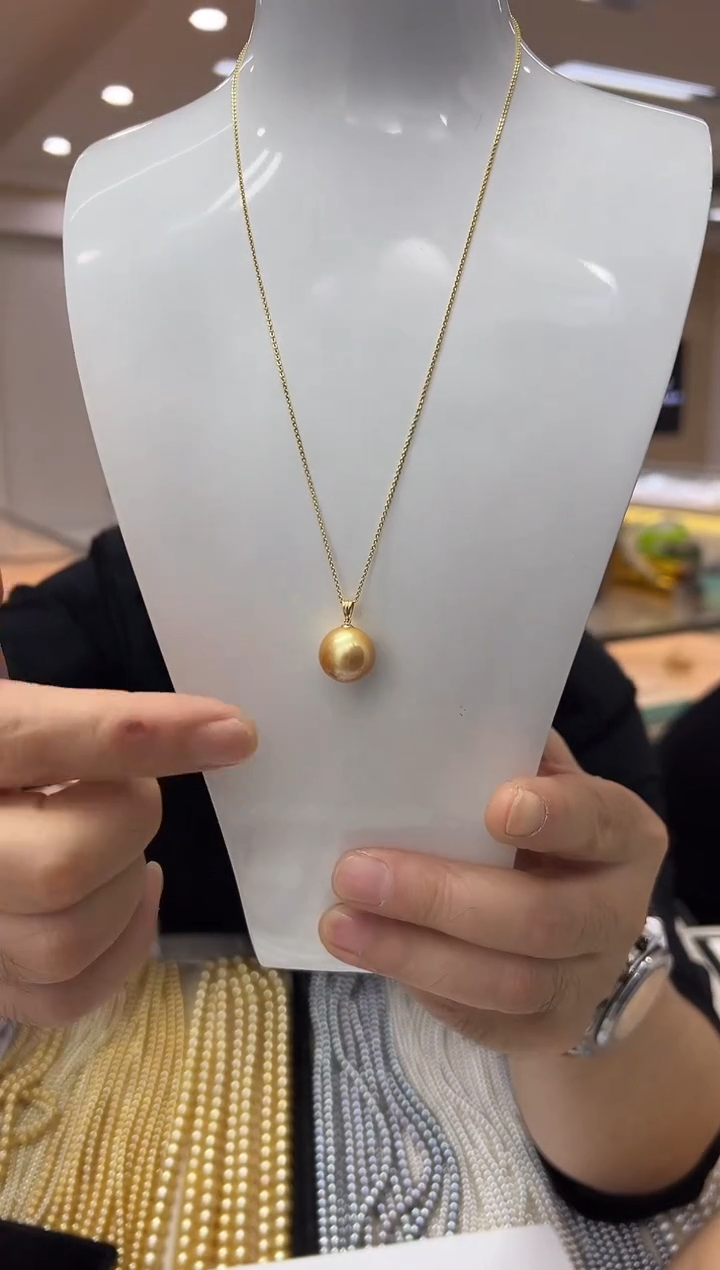 无链子925银【飛梵•18】13-14mm正圆极光浓金几乎无暇瓜子扣吊坠