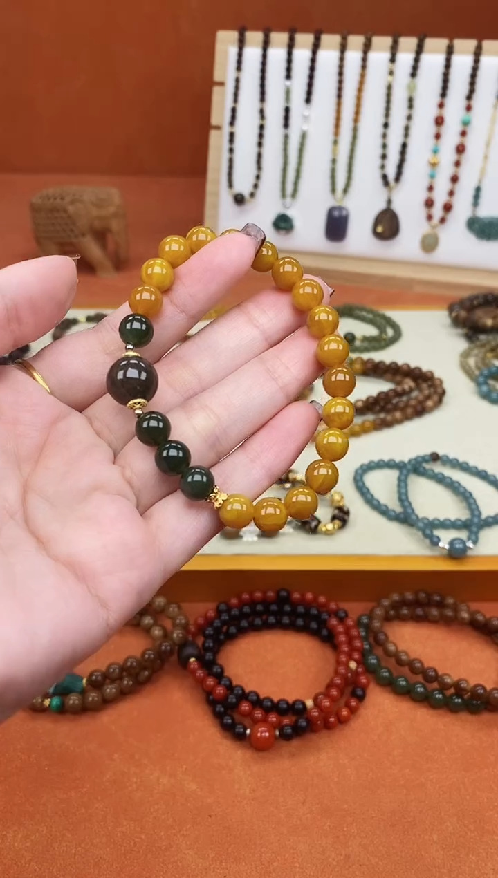 手链蜜蜡未镶嵌单圈蜜蜡和田菠菜绿手串