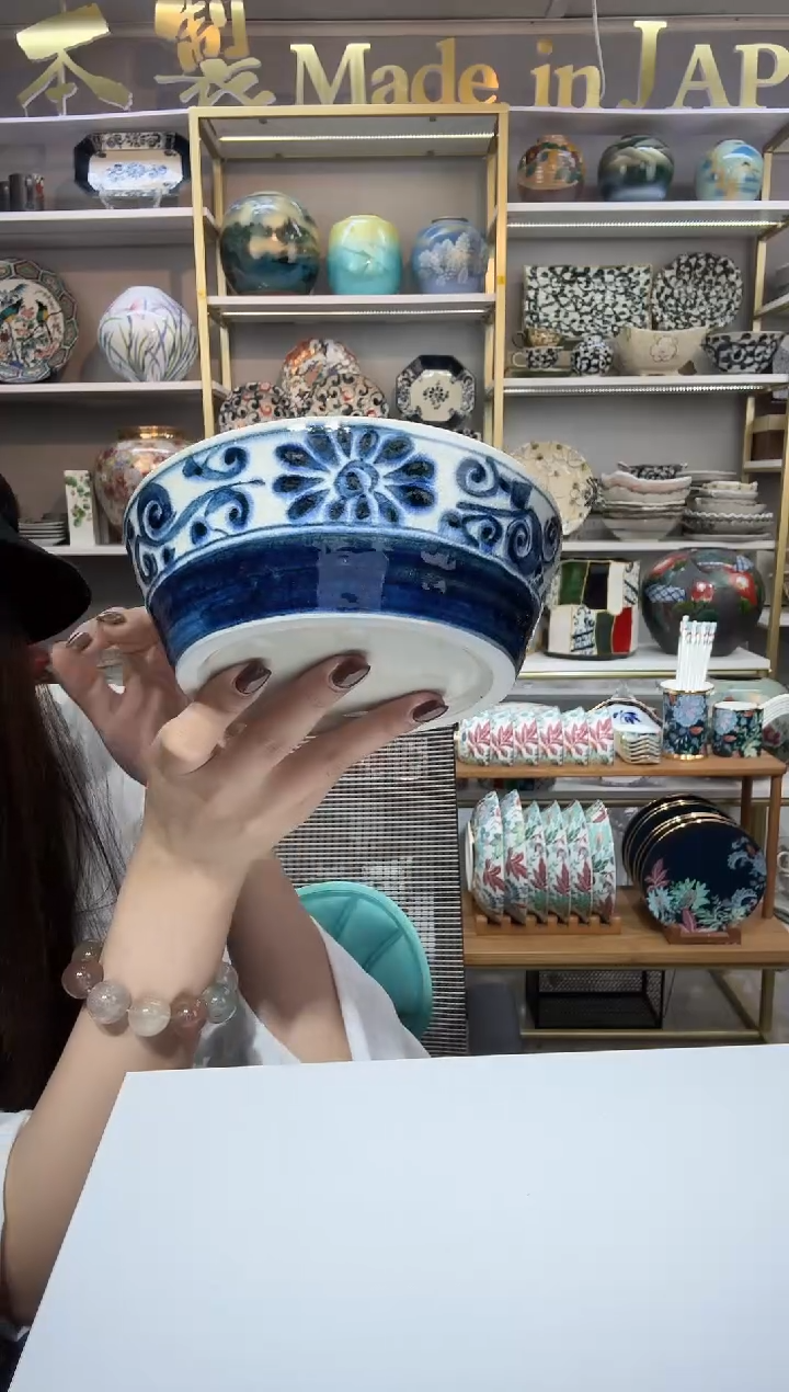 陶瓷宗山窑平底钵15.5cm-蓝菊