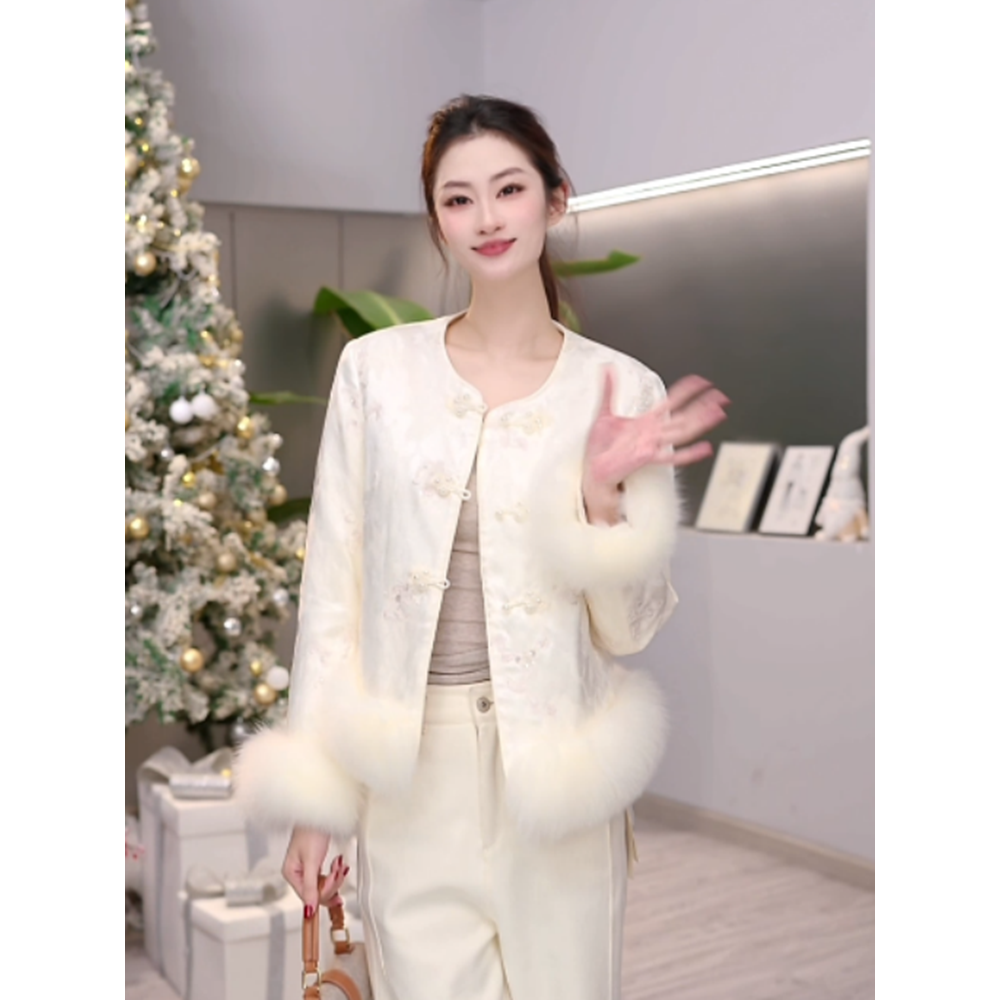 88-1701~新中式提花羽绒服女国风盘扣外套女