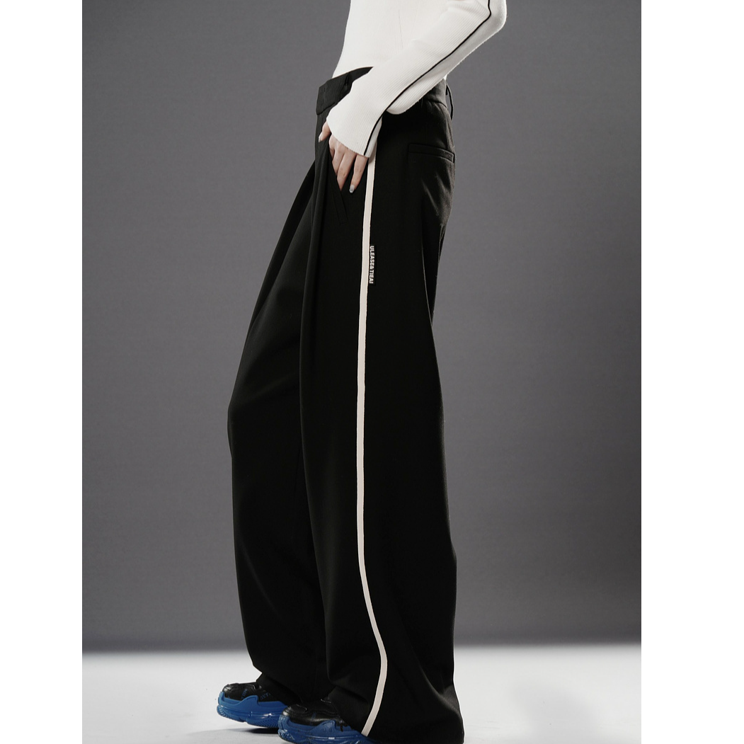 U/TI黑色撞色织带阔腿裤女装百搭简约廓感休闲裤尤缇时尚冬季新款