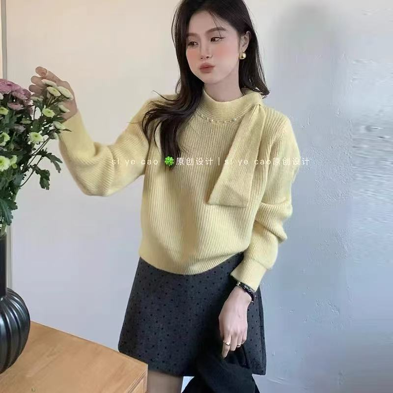 法式半高领套头软糯飘带打底毛衣女秋冬加厚慵懒风内搭针织衫上衣