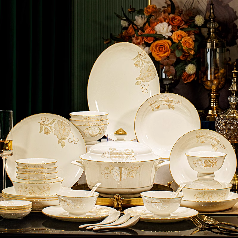 中式高颜值餐具高档景德镇瓷陶瓷碗盘家用一套乔迁送礼金风玉露