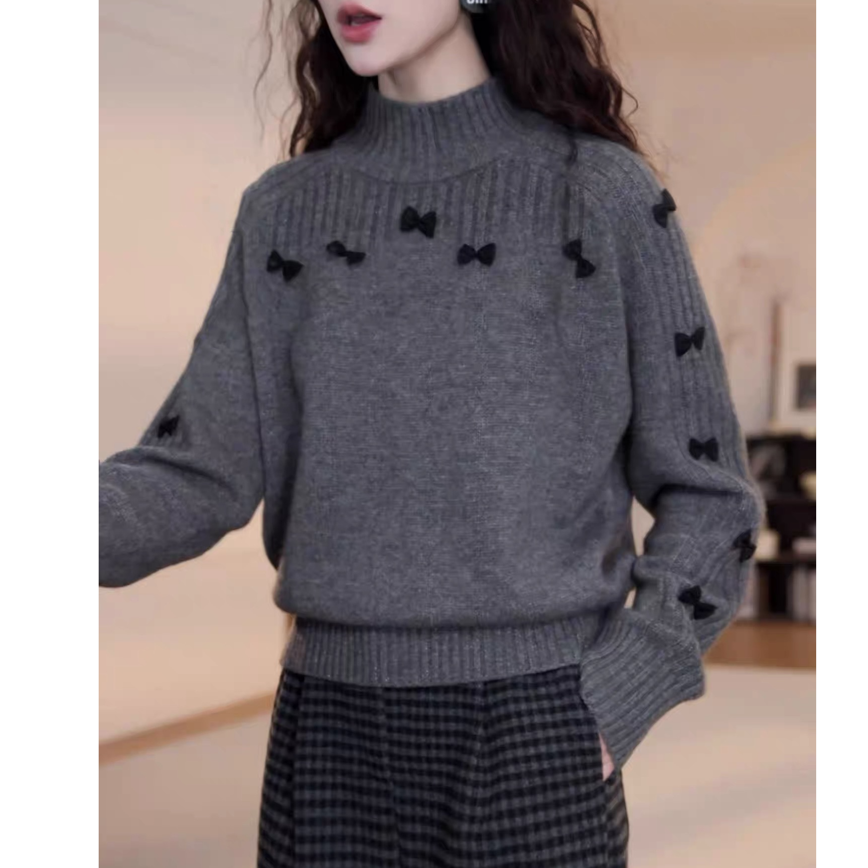 韩系小香风蝴蝶结灰色针织衫毛衣女早春新款别致绝美显瘦减龄上衣