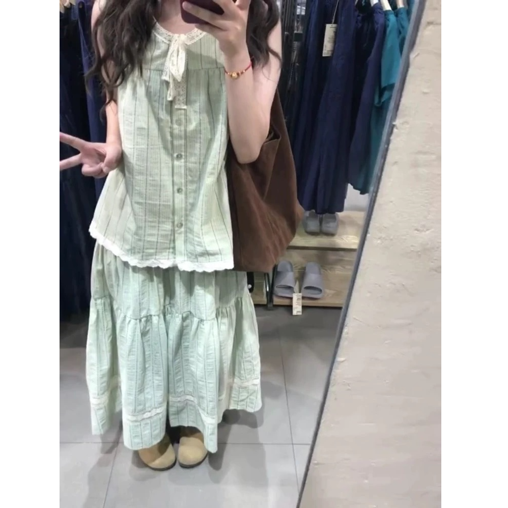 法式绿色条纹套装女2024夏新款蕾丝花边无袖上衣半身长裙两件套裙