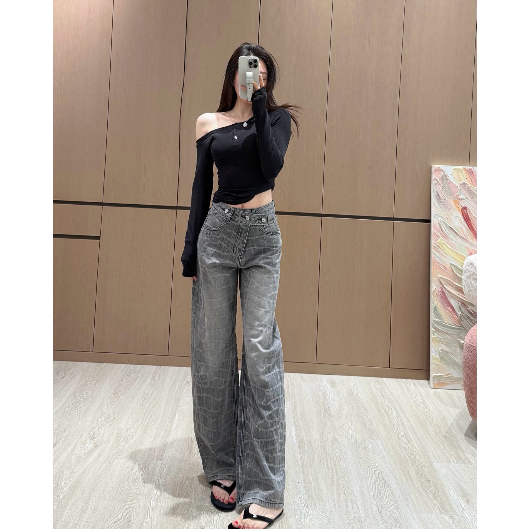 【SEVENWANG】春夏设计感鳄鱼纹时尚弯刀裤牛仔裤9536