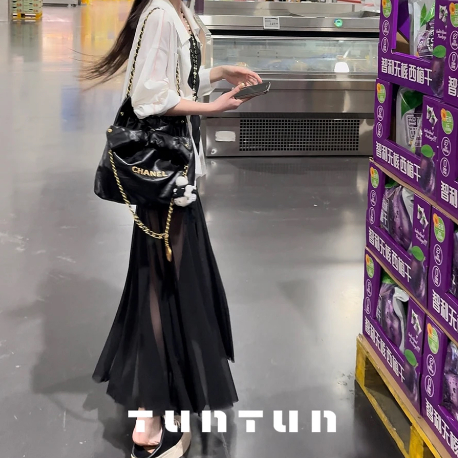 小众设计【白日梦我 黑色】高级仙美 设计感拼网纱吊带裙法式