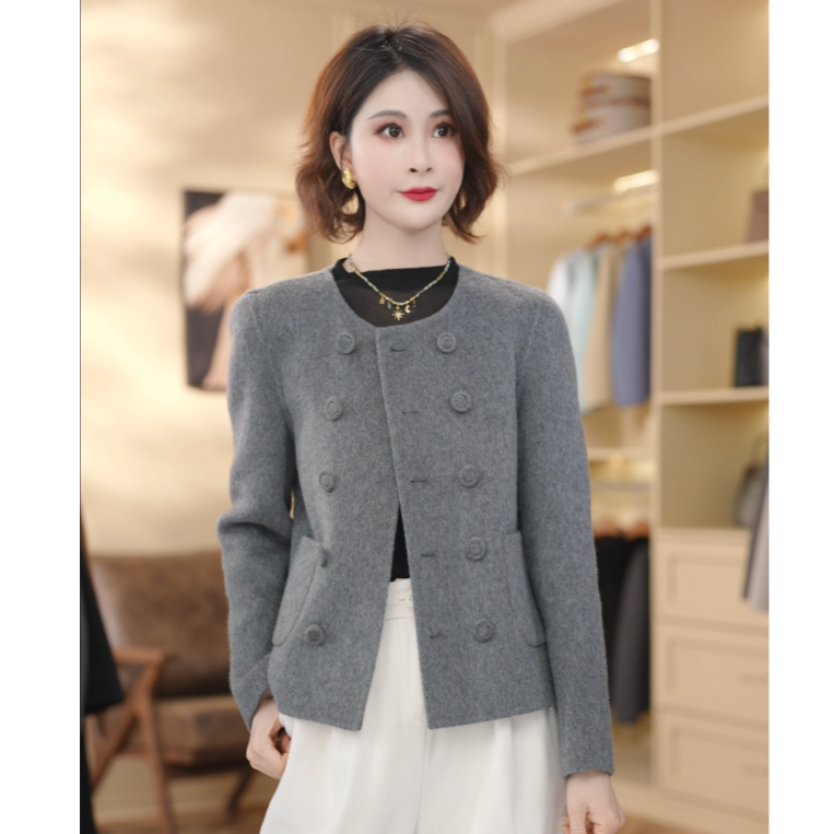 【熹垚】2025春新款圆领复古十粒扣气质外套长袖双面大衣短款1041