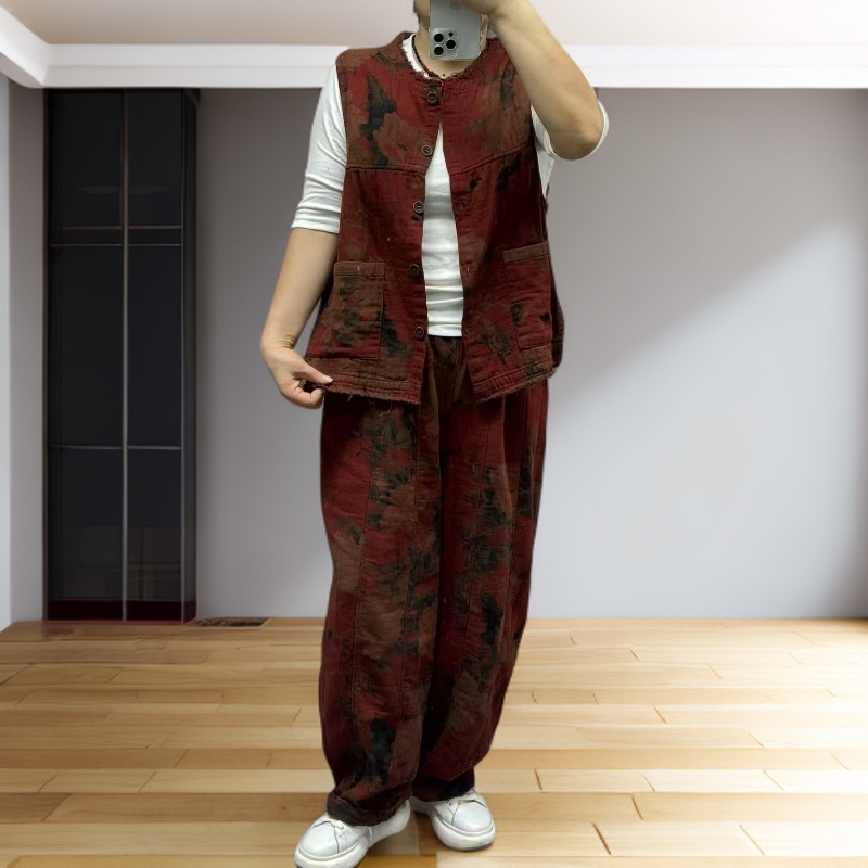 MF秋装麻纱圆领复古文艺民族风马甲(套装)宽松休闲南瓜裤提花上衣