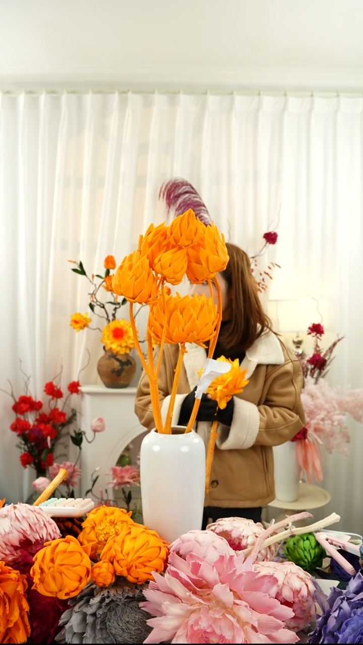 永生洋蓟  霸王花  八个头连花带瓶【落日橙】A21