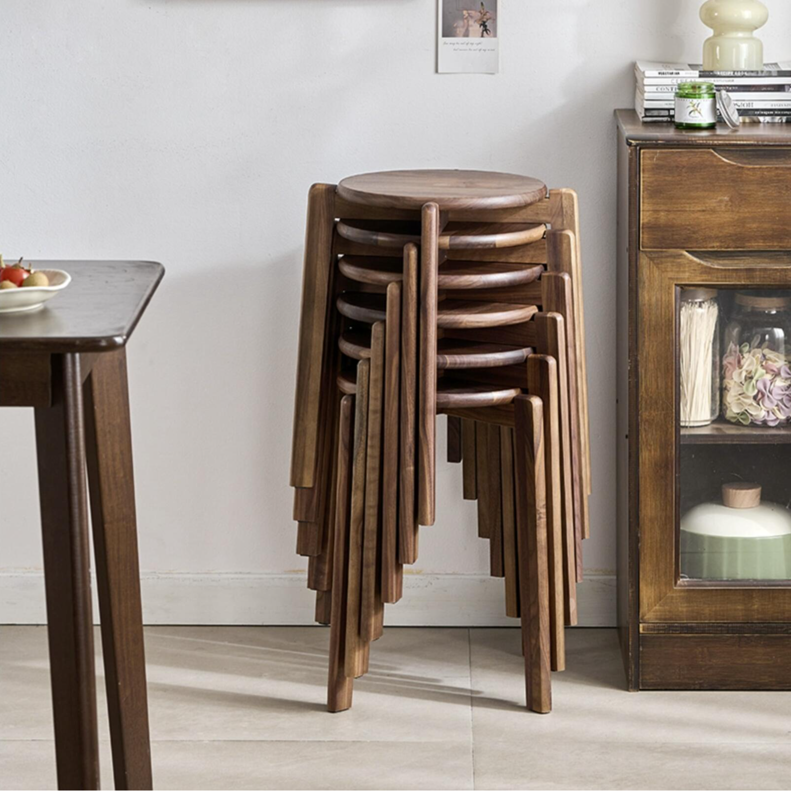 臻致美北美黑胡桃木可言圆凳叠叠凳餐凳