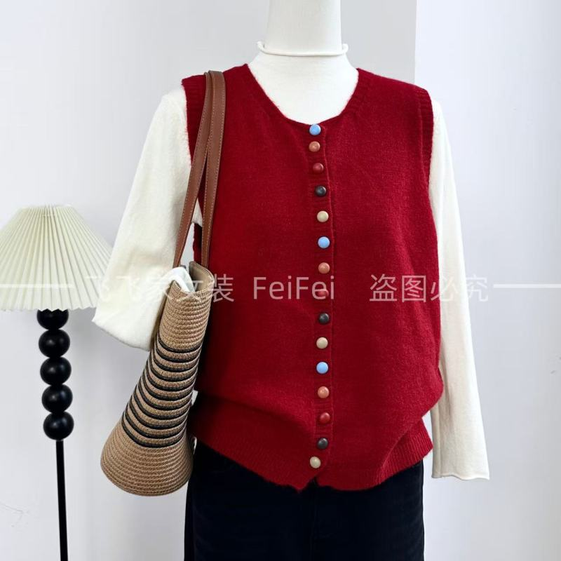 飞飞家~彩虹扣马甲！！独家设计~超气质温柔圣诞#针织衫Y9115红