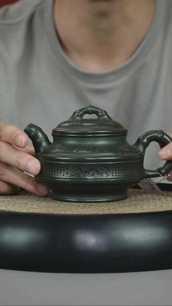 茶壶紫砂绿泥 双线竹鼓