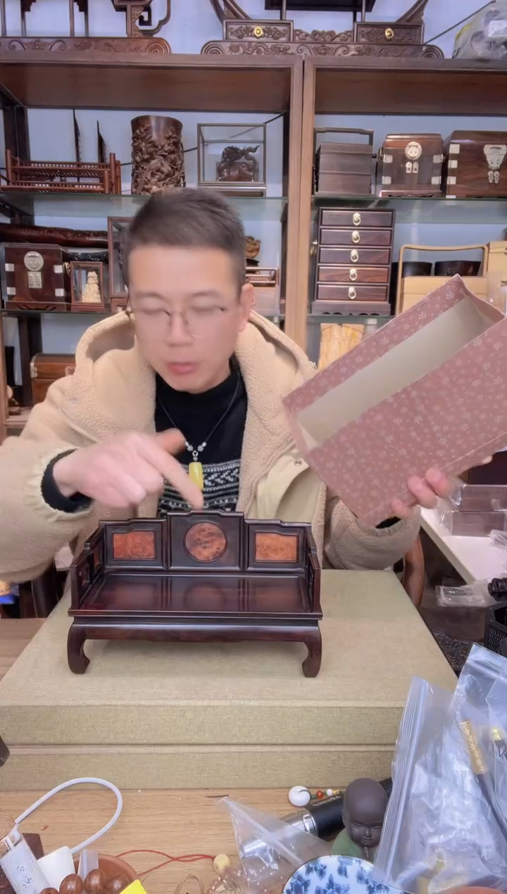 【闪购商品】乌木类书架319大叶紫檀嵌瘿木微型罗汉床摆件
