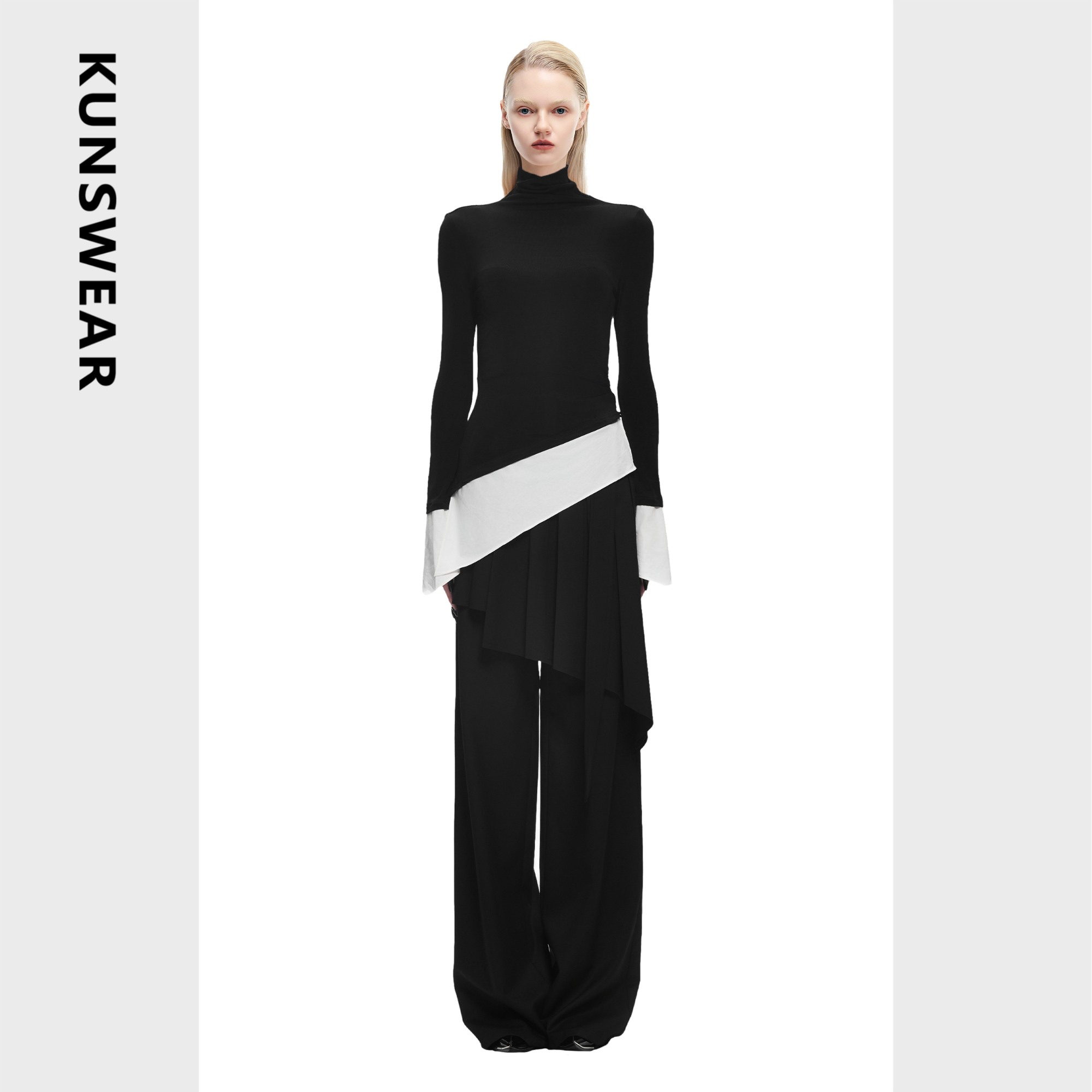 KUNSWEAR/琨丝薇尔25FA 简约优雅撞色不规则打底上衣 836004110