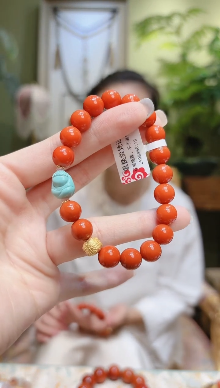 【闪购商品】南红玛瑙手串18K金镶嵌无相佛圆珠南红手串