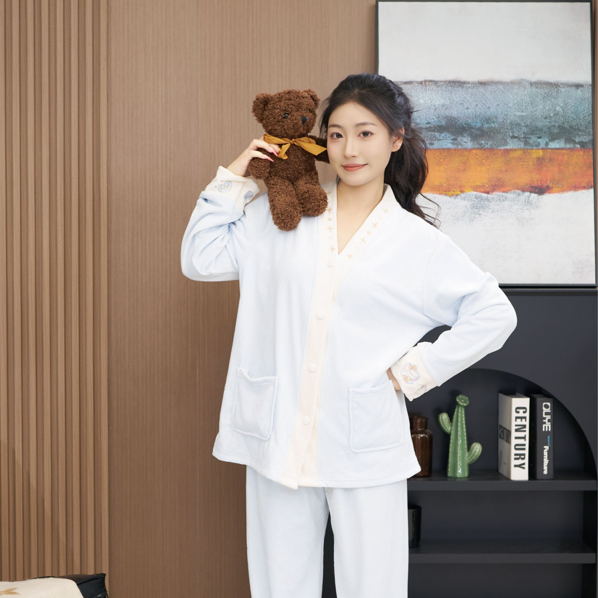 浅蓝色海岛绒睡衣冬季女2024新款加厚保暖长袖家居服两件套