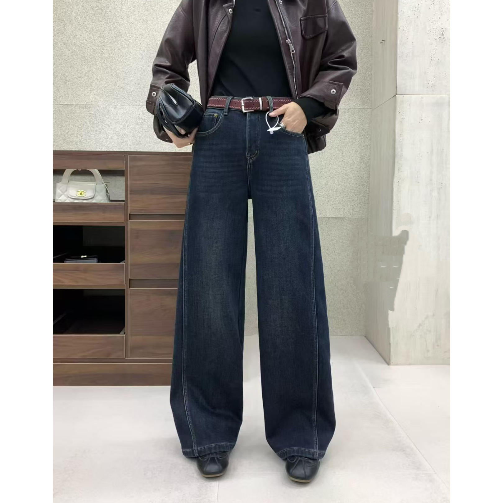 蓝黑色加绒阔腿牛仔裤秋冬新款厚款百搭直筒阔腿牛仔裤女8771