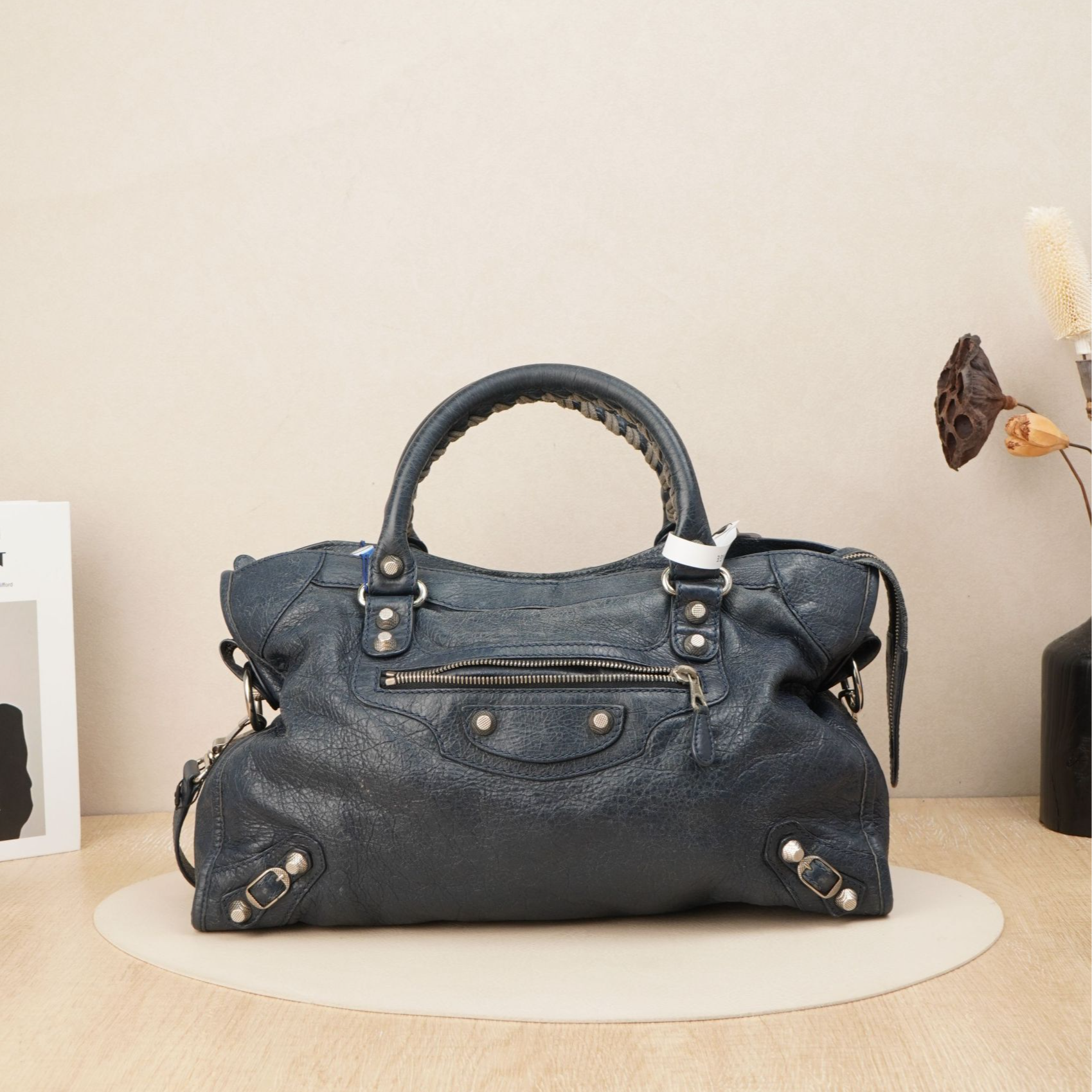 95新 Balenciaga/巴黎世家 机车包中号深蓝色油蜡皮/DS044255