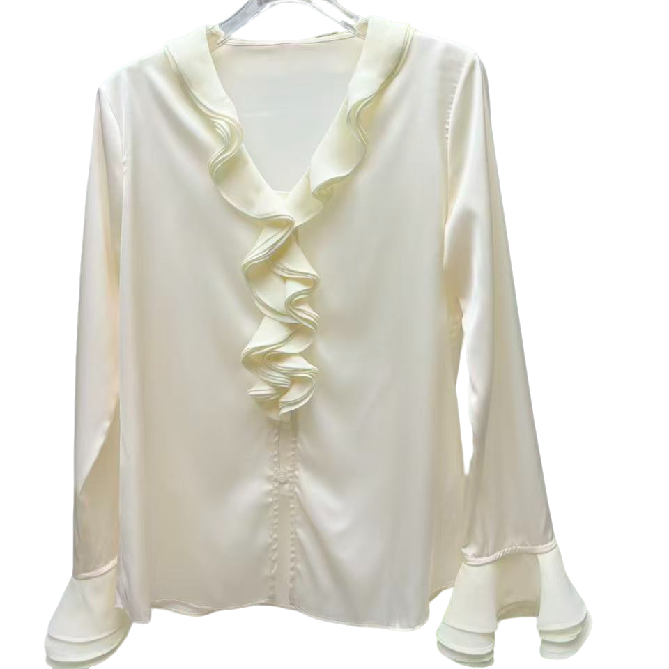 法式风甜美优雅波浪荷叶边重磅衬衫荷叶袖上衣女