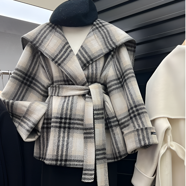 2025新款韩系小香风收腰呢子大衣高级感名媛气质格纹毛呢外套女冬