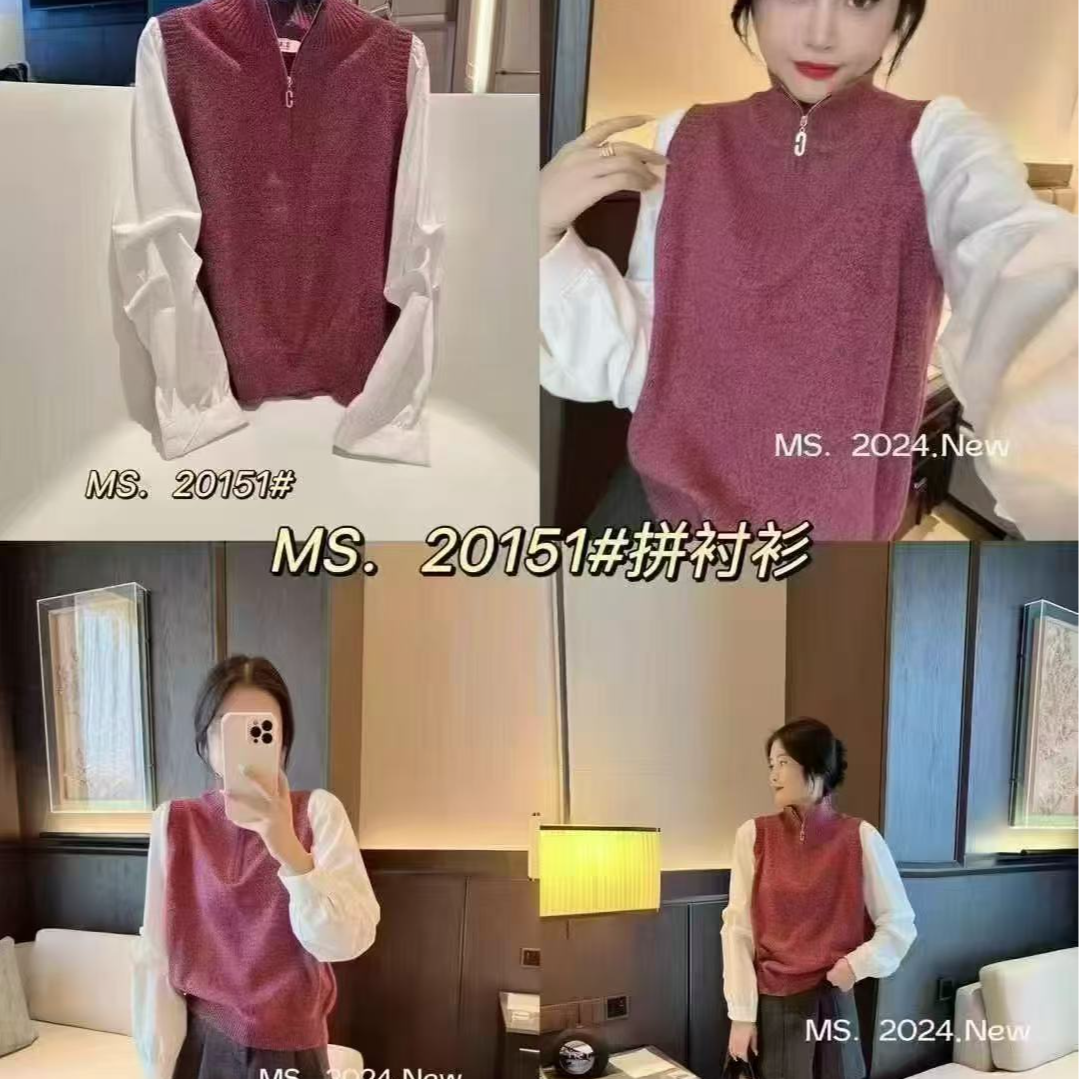 格调美美 777新款半高领拼接袖针织毛衣