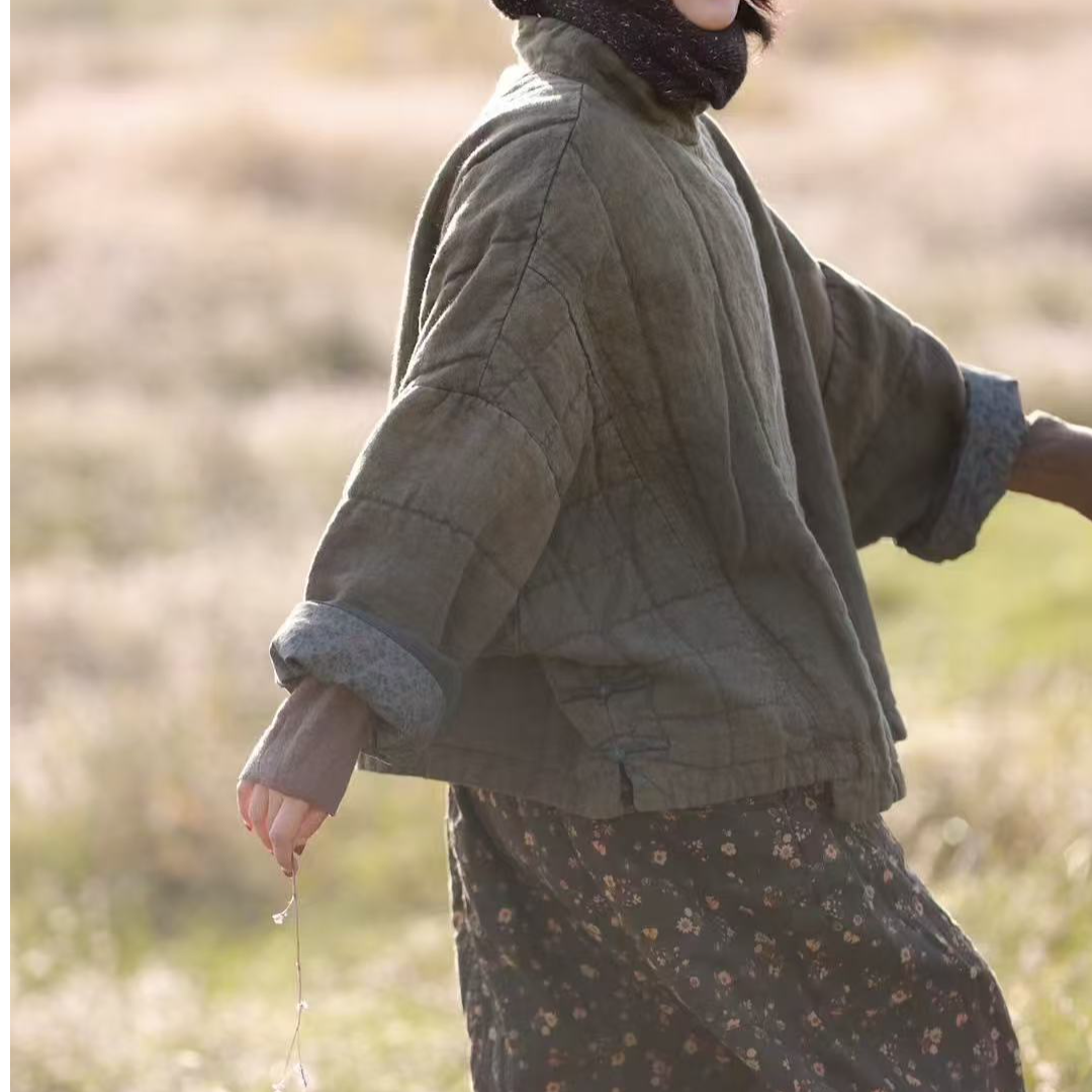 古兰木渐变吊染水洗工艺亚麻套头棉服