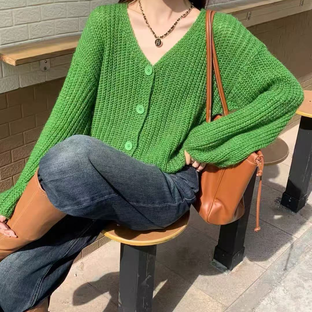 NN1296新款绿色短款针织开衫长袖时尚百搭宽松纯色慵懒风韩版
