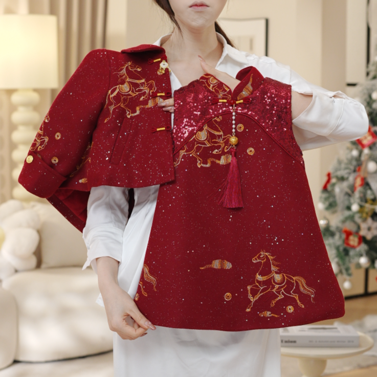 2026冬季新款女童高级红色夹棉加厚外套上衣背心裙两件套DA30985