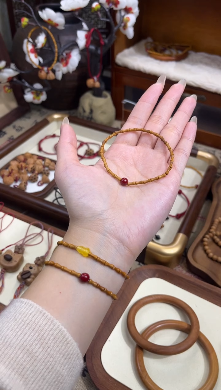 手串桃核【桃缘行】竹节「红色莎莎」桃木桃核辟、挡、驱、护 备注手围