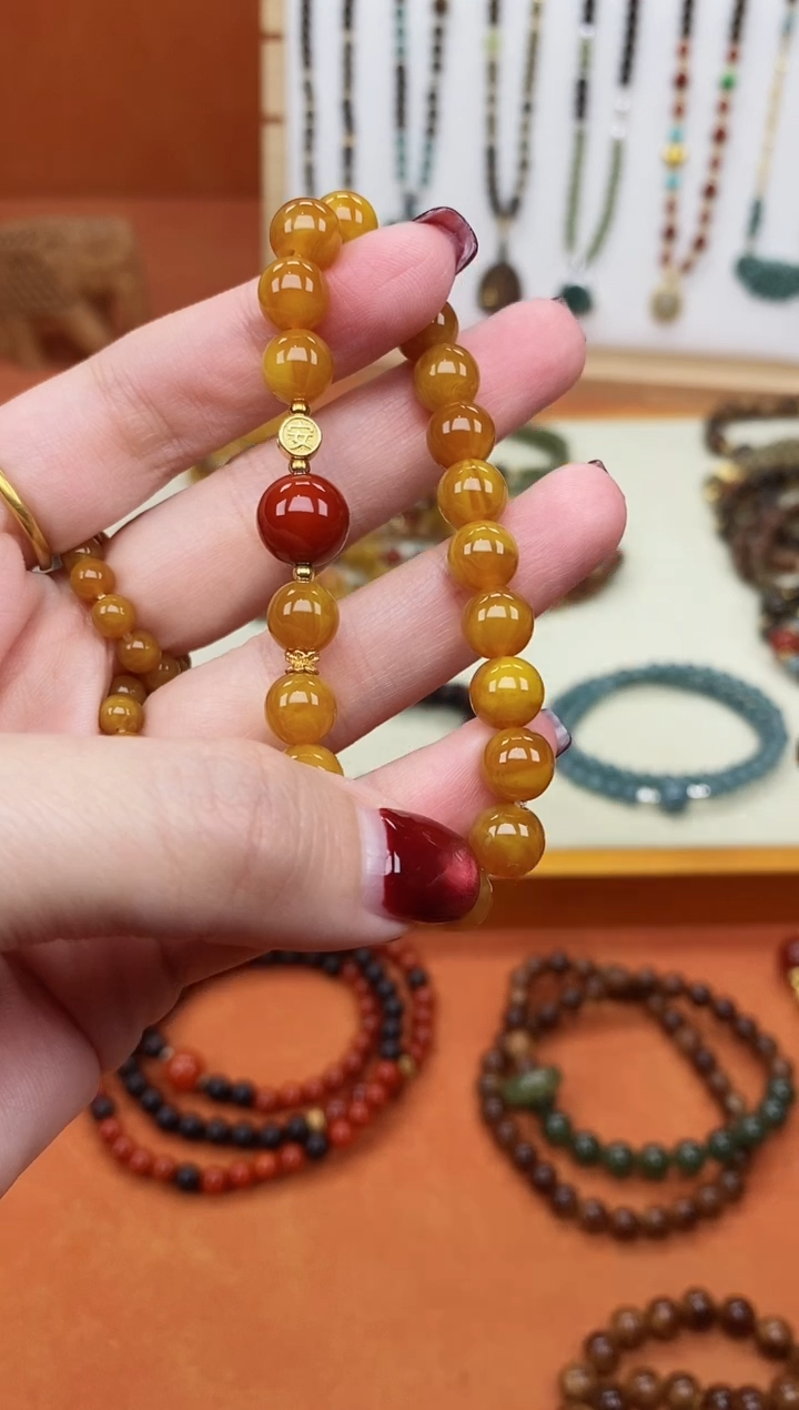 手链蜜蜡未镶嵌单圈蜜蜡08南红玛瑙手串